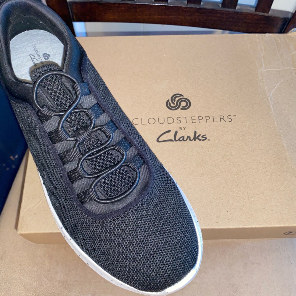 Clarks Cloud Steppers Black Slip On Sneakers with Black Crystals NWT